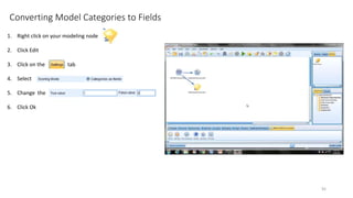 Converting Model Categories to Fields
1. Right click on your modeling node
2. Click Edit
3. Click on the tab
4. Select
5. Change the
6. Click Ok
92
 