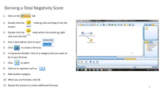 Deriving a Total Negativity Score
1. Click on the tab
2. Double click the node or click and drag it into the
stream
3. Double click the node within the stream or right
click and click Edit
4. Give a descriptive name to your
5. Click to create a formula
6. In Expression Builder, click on a category that you want to
be in your formula
7. Click to add it
8. Click on an operator such as
9. Add another category
10. When you are finished, click Ok
11. Repeat the process to create additional formulas
94
 