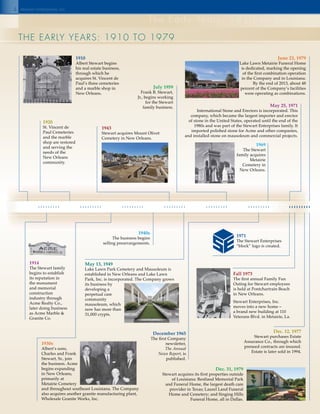 4
the eaRlY YeaRs: 1910 to 1979
the early Years
the early Years: 1910 to 1979
1910 1920 1930 1940 1950 1960 1970
1910
Albert Stewart begins
his real estate business,
through which he
acquires St. Vincent de
Paul’s three cemeteries
and a marble shop in
New Orleans.
1914
The Stewart family
begins to establish
its reputation in
the monument
and memorial
construction
industry through
Acme Realty Co.,
later doing business
as Acme Marble &
Granite Co.
1920
St. Vincent de
Paul Cemeteries
and the marble
shop are restored
and serving the
needs of the
New Orleans
community.
1930s
Albert’s sons,
Charles and Frank
Stewart, Sr., join
the business. Acme
begins expanding
in New Orleans,
primarily at
Metairie Cemetery
and throughout southeast Louisiana. The Company
also acquires another granite manufacturing plant,
Wholesale Granite Works, Inc.
1943
Stewart acquires Mount Olivet
Cemetery in New Orleans.
May 13, 1949
Lake Lawn Park Cemetery and Mausoleum is
established in New Orleans and Lake Lawn
Park, Inc. is incorporated. The Company grows
its business by
developing a
perpetual care
community
mausoleum, which
now has more than
31,000 crypts.
1940s
The business begins
selling prearrangements.
July 1959
Frank B. Stewart,
Jr., begins working
for the Stewart
family business.
December 1965
The first Company
newsletter,
The Annual
News Report, is
published.
1969
The Stewart
family acquires
Metairie
Cemetery in
New Orleans.
1971
The Stewart Enterprises
“block” logo is created.
May 25, 1971
International Stone and Erectors is incorporated. This
company, which became the largest importer and erector
of stone in the United States, operated until the end of the
1980s and was part of the Stewart Enterprises family. It
imported polished stone for Acme and other companies,
and installed stone on mausoleum and commercial projects.
Fall 1973
The first annual Family Fun
Outing for Stewart employees
is held at Pontchartrain Beach
in New Orleans.
Stewart Enterprises, Inc.
moves into a new home –
a brand new building at 110
Veterans Blvd. in Metairie, La.
Dec. 12, 1977
Stewart purchases Estate
Assurance Co., through which
preneed contracts are insured.
Estate is later sold in 1994.
June 23, 1979
Lake Lawn Metairie Funeral Home
is dedicated, marking the opening
of the first combination operation
in the Company and in Louisiana.
By the end of 2013, about 48
percent of the Company’s facilities
were operating as combinations.
Dec. 31, 1979
Stewart acquires its first properties outside
of Louisiana: Restland Memorial Park
and Funeral Home, the largest death care
provider in Texas; Laurel Land Funeral
Home and Cemetery; and Singing Hills
Funeral Home, all in Dallas.
stewart enterprises inc.
 