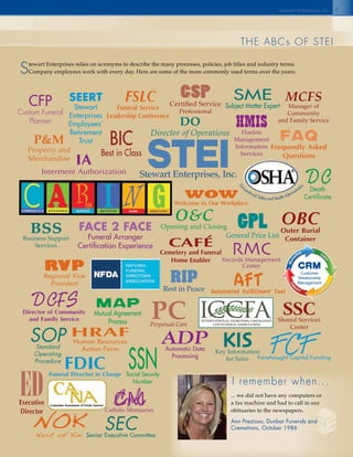 7
the abCs of steI
abCs abCs
stewart Enterprises relies on acronyms to describe the many processes, policies, job titles and industry terms
Company employees work with every day. Here are some of the more commonly used terms over the years:
stewart enterprises inc.c
CRM
Customer
Relationship
Management
ADPAutomatic Data
Processing
AFTAutomated Fulfillment Tool
BIC
Best in Class
BSSBusiness Support
Services CAFé
Cemetery and Funeral
Home Enabler
CFP
Custom funeral
planner
CMCatholic Mortuaries
CSPCertified Service
Professional
DC
Death
Certificate
DCFS
Director of Community
and Family Service
DO
Director of Operations
EDExecutive
Director
FACE 2 FACE
Funeral Arranger
Certification Experience
FAQ
Frequently Asked
Questions
FCFForethought Capital Funding
FDICFuneral Director in Charge
FSLC
Funeral Service
Leadership Conference
GPLGeneral Price List
HMISHanlon
Management
Information
Services
HRAF
Human Resources
Action Form
IA
Interment Authorization
KISKey Information
for Sales
MAP
Mutual Agreement
Process
MCFS
Manager of
Community
and Family Service
NOKNext of Kin
O&C
Opening and Closing
OBCOuter Burial
Container
P&M
Property and
Merchandise
PCPerpetual Care
RIPRest in Peace
RMCRecords Management
CenterRVP
Regional Vice
President
SECSenior Executive Committee
SEERT
Stewart
Enterprises
Employees’
Retirement
Trust
SME
Subject Matter Expert
SOPStandard
Operating
Procedure
SSCShared Services
Center
SSNSocial Security
Number
WOW
Welcome to Our Workplace
STEIStewart Enterprises, Inc.
O
ccupational Safety and Health Administration
I remember when...
... we did not have any computers or
a fax machine and had to call in our
obituaries to the newspapers.
Ann Prezioso, Dunbar Funerals and
Cremations, October 1986
 