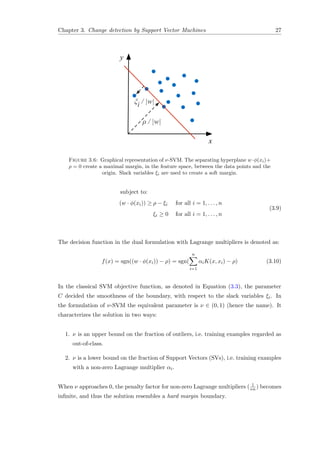 Chapter 3. Change detection by Support Vector Machines 27
ξi / |w|
x
y
ρ / |w|
Figure 3.6: Graphical representation of ν-SVM. The separating hyperplane w·φ(xi)+
ρ = 0 create a maximal margin, in the feature space, between the data points and the
origin. Slack variables ξi are used to create a soft margin.
subject to:
(w · φ(xi)) ≥ ρ − ξi for all i = 1, . . . , n
ξi ≥ 0 for all i = 1, . . . , n
(3.9)
The decision function in the dual formulation with Lagrange multipliers is denoted as:
f(x) = sgn((w · φ(xi)) − ρ) = sgn(
n
i=1
αiK(x, xi) − ρ) (3.10)
In the classical SVM objective function, as denoted in Equation (3.3), the parameter
C decided the smoothness of the boundary, with respect to the slack variables ξi. In
the formulation of ν-SVM the equivalent parameter is ν ∈ (0, 1) (hence the name). It
characterizes the solution in two ways:
1. ν is an upper bound on the fraction of outliers, i.e. training examples regarded as
out-of-class.
2. ν is a lower bound on the fraction of Support Vectors (SVs), i.e. training examples
with a non-zero Lagrange multiplier αi.
When ν approaches 0, the penalty factor for non-zero Lagrange multipliers ( 1
νn ) becomes
inﬁnite, and thus the solution resembles a hard margin boundary.
 