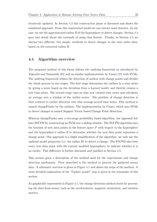 Chapter 4. Application to Human Activity Time Series Data 33
iteratively updated. In Section 4.3 this construction phase is discussed and shows the
windowed approach. From this constructed model we can extract some features. In our
case, we use the approximated radius R of the hypersphere to detect changes. Section 4.4
goes into detail about the rationale of using that feature. Finally, in Section 4.5 we
discuss two diﬀerent, but simple, methods to detect changes in the time series data,
based on the extracted radius R.
4.1 Algorithm overview
The proposed method of this thesis follows the unifying framework as introduced by
Takeuchi and Yamanishi [62] and an similar implementation by Camci [13] with SVMs.
The unifying framework relates the detection of outliers with change points and divides
the whole process in two stages. The ﬁrst stage determines the outliers in a time series
by giving a score based on the deviation from a learned model, and thereby creates a
new time series. The second stage runs on that new created time series and calculates
an average over a window of the outlier scores. The problem of change detection is
then reduced to outlier detection over that average-scored time series. This method is
named changeFinder by the authors. The implementation by Camci, which uses SVMs
to detect changes is named Support Vector based Change Point Detection.
Whereas changeFinder uses a two-stage probability based algorithm, our approach fol-
lows SVCPD by constructing an SVM over a sliding window. The SVCPD algorithm uses
the location of new data points in the feature space F with respect to the hypersphere
and the hypersphere’s radius R to determine whether the new data point represents a
change point. Our approach is a slight simpliﬁcation of the algorithm: we only use the
updated model properties (i.e. the radius R) to detect a change. The SVCPD also tests
every new data point with the current modeled hypersphere, to indicate whether it is
an outlier. This diﬀerence is further discussed and justiﬁed in Section 4.5.
This section gives a description of the method used for the experiments and change
detection mechanism. First described is the method to process the gathered sensor
data. A schematic overview is given in Figure 4.1 and shows the steps of the method. A
more detailed explanation of the “Update model” step is given in the remainder of this
section.
As graphically represented in Figure 4.1, the change detection method starts by process-
ing the data from sensor, such as the accelerometer, magnetic orientation, and rotation
metrics.
 