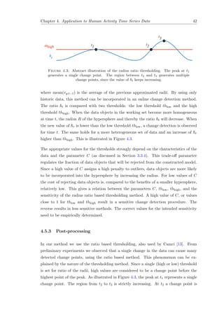 Chapter 4. Application to Human Activity Time Series Data 42
t1
t2
t3
thhigh
ħt
Figure 4.3: Abstract illustration of the radius ratio thresholding. The peak at t1
generates a single change point. The region between t2 and t3 generates multiple
change points, since the value of t keeps increasing.
where mean(ry:t−1) is the average of the previous approximated radii. By using only
historic data, this method can be incorporated in an online change detection method.
The ratio t is compared with two thresholds: the low threshold thlow and the high
threshold thhigh. When the data objects in the working set become more homogeneous
at time t, the radius R of the hypersphere and thereby the ratio t will decrease. When
the new value of r is lower than the low threshold thlow, a change detection is observed
for time t. The same holds for a more heterogeneous set of data and an increase of r
higher than thhigh. This is illustrated in Figure 4.3.
The appropriate values for the thresholds strongly depend on the characteristics of the
data and the parameter C (as discussed in Section 3.3.4). This trade-oﬀ parameter
regulates the fraction of data objects that will be rejected from the constructed model.
Since a high value of C assigns a high penalty to outliers, data objects are more likely
to be incorporated into the hypersphere by increasing the radius. For low values of C
the cost of rejecting data objects is, compared to the beneﬁts of a smaller hypersphere,
relatively low. This gives a relation between the parameters C, thlow, thhigh, and the
sensitivity of the radius ratio based thresholding method. A high value of C, or values
close to 1 for thlow and thhigh result in a sensitive change detection procedure. The
reverse results in less sensitive methods. The correct values for the intended sensitivity
need to be empirically determined.
4.5.3 Post-processing
In our method we use the ratio based thresholding, also used by Camci [13]. From
preliminary experiments we observed that a single change in the data can cause many
detected change points, using the ratio based method. This phenomenon can be ex-
plained by the nature of the thresholding method. Since a single (high or low) threshold
is set for ratio of the radii, high values are considered to be a change point before the
highest point of the peak. As illustrated in Figure 4.3, the peak at t1 represents a single
change point. The region from t2 to t3 is strictly increasing. At t2 a change point is
 