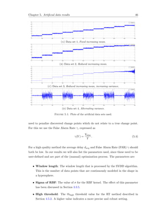 Chapter 5. Artiﬁcial data results 46
0 1000 2000 3000 4000 5000 6000 7000 8000 9000 10000
−10
0
10
20
30
40
50
60
Data set 1
(a) Data set 1, Fixed increasing mean.
0 1000 2000 3000 4000 5000 6000 7000 8000 9000 10000
−10
0
10
20
30
40
50
Data set 2
(b) Data set 2, Reduced increasing mean.
0 1000 2000 3000 4000 5000 6000 7000 8000 9000 10000
−10
0
10
20
30
40
50
60
70
Data set 4
(c) Data set 3, Reduced increasing mean, increasing variance.
0 500 1000 1500 2000 2500 3000 3500 4000 4500 5000
−40
−30
−20
−10
0
10
20
30
Data set 3
(d) Data set 4, Alternating variance.
Figure 5.1: Plots of the artiﬁcial data sets used.
need to penalize discovered change points which do not relate to a true change point.
For this we use the False Alarm Rate γ, expressed as
γ(Y ) =
Yfalse
Y
. (5.4)
For a high quality method the average delay davg and False Alarm Rate (FAR) γ should
both be low. In our results we will also list the parameters used, since these need to be
user-deﬁned and are part of the (manual) optimization process. The parameters are:
• Window length: The window length that is processed by the SVDD algorithm.
This is the number of data points that are continuously modeled in the shape in
a hypersphere.
• Sigma of RBF: The value of σ for the RBF kernel. The eﬀect of this parameter
has been discussed in Section 3.3.5.
• High threshold: The thhigh threshold value for the RT method described in
Section 4.5.2. A higher value indicates a more precise and robust setting.
 