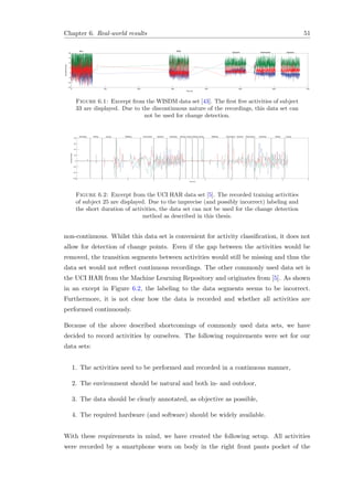 Chapter 6. Real-world results 51
0 100 200 300 400 500 600 700
−15
−10
−5
0
5
10
15
20
Time (s)
Accelerometer
Run Walk
Upstairs UpstairsDownstairs
Figure 6.1: Excerpt from the WISDM data set [43]. The ﬁrst ﬁve activities of subject
33 are displayed. Due to the discontinuous nature of the recordings, this data set can
not be used for change detection.
0 1 2 3 4 5 6 7 8 9
−0.6
−0.4
−0.2
0
0.2
0.4
0.6
0.8
Time (s)
Accelerometer
Standing Standing StandingLaying Laying Laying LayingSitting Sitting Sitting SittingDownstairs Downstairs DownstairsUpstairs UpstairsWalking Walking
Figure 6.2: Excerpt from the UCI HAR data set [5]. The recorded training activities
of subject 25 are displayed. Due to the imprecise (and possibly incorrect) labeling and
the short duration of activities, the data set can not be used for the change detection
method as described in this thesis.
non-continuous. Whilst this data set is convenient for activity classiﬁcation, it does not
allow for detection of change points. Even if the gap between the activities would be
removed, the transition segments between activities would still be missing and thus the
data set would not reﬂect continuous recordings. The other commonly used data set is
the UCI HAR from the Machine Learning Repository and originates from [5]. As shown
in an except in Figure 6.2, the labeling to the data segments seems to be incorrect.
Furthermore, it is not clear how the data is recorded and whether all activities are
performed continuously.
Because of the above described shortcomings of commonly used data sets, we have
decided to record activities by ourselves. The following requirements were set for our
data sets:
1. The activities need to be performed and recorded in a continuous manner,
2. The environment should be natural and both in- and outdoor,
3. The data should be clearly annotated, as objective as possible,
4. The required hardware (and software) should be widely available.
With these requirements in mind, we have created the following setup. All activities
were recorded by a smartphone worn on body in the right front pants pocket of the
 