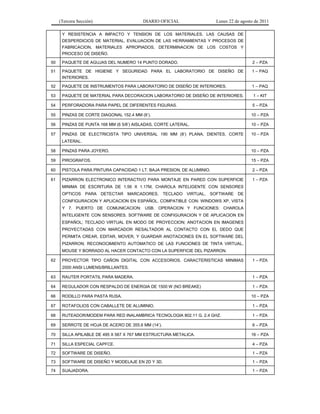 (Tercera Sección) DIARIO OFICIAL Lunes 22 de agosto de 2011
Y RESISTENCIA A IMPACTO Y TENSION DE LOS MATERIALES, LAS CAUSAS DE
DESPERDICIOS DE MATERIAL, EVALUACION DE LAS HERRAMIENTAS Y PROCESOS DE
FABRICACION, MATERIALES APROPIADOS, DETERMINACION DE LOS COSTOS Y
PROCESO DE DISEÑO.
50 PAQUETE DE AGUJAS DEL NUMERO 14 PUNTO DORADO. 2 – PZA
51 PAQUETE DE HIGIENE Y SEGURIDAD PARA EL LABORATORIO DE DISEÑO DE
INTERIORES.
1 – PAQ
52 PAQUETE DE INSTRUMENTOS PARA LABORATORIO DE DISEÑO DE INTERIORES. 1 – PAQ
53 PAQUETE DE MATERIAL PARA DECORACION LABORATORIO DE DISEÑO DE INTERIORES. 1 – KIT
54 PERFORADORA PARA PAPEL DE DIFERENTES FIGURAS. 5 – PZA
55 PINZAS DE CORTE DIAGONAL 152.4 MM (6’). 10 – PZA
56 PINZAS DE PUNTA 168 MM (6 5/8’) AISLADAS, CORTE LATERAL. 10 – PZA
57 PINZAS DE ELECTRICISTA TIPO UNIVERSAL 190 MM (8’) PLANA, DIENTES, CORTE
LATERAL.
10 – PZA
58 PINZAS PARA JOYERO. 10 – PZA
59 PIROGRAFOS. 15 – PZA
60 PISTOLA PARA PINTURA CAPACIDAD 1 LT. BAJA PRESION, DE ALUMINIO. 2 – PZA
61 PIZARRON ELECTRONICO INTERACTIVO PARA MONTAJE EN PARED CON SUPERFICIE
MINIMA DE ESCRITURA DE 1.56 X 1.17M, CHAROLA INTELIGENTE CON SENSORES
OPTICOS PARA DETECTAR MARCADORES, TECLADO VIRTUAL, SOFTWARE DE
CONFIGURACION Y APLICACION EN ESPAÑOL. COMPATIBLE CON: WINDOWS XP, VISTA
Y 7. PUERTO DE COMUNICACION: USB. OPERACION Y FUNCIONES: CHAROLA
INTELIGENTE CON SENSORES. SOFTWARE DE CONFIGURACION Y DE APLICACION EN
ESPAÑOL; TECLADO VIRTUAL EN MODO DE PROYECCION; ANOTACION EN IMAGENES
PROYECTADAS CON MARCADOR RESALTADOR AL CONTACTO CON EL DEDO QUE
PERMITA CREAR, EDITAR, MOVER, Y GUARDAR ANOTACIONES EN EL SOFTWARE DEL
PIZARRON; RECONOCIMIENTO AUTOMATICO DE LAS FUNCIONES DE TINTA VIRTUAL,
MOUSE Y BORRADO AL HACER CONTACTO CON LA SUPERFICIE DEL PIZARRON.
1 – PZA
62 PROYECTOR TIPO CAÑON DIGITAL CON ACCESORIOS. CARACTERISTICAS MINIMAS
2000 ANSI LUMENS/BRILLANTES.
1 – PZA
63 RAUTER PORTATIL PARA MADERA. 1 – PZA
64 REGULADOR CON RESPALDO DE ENERGIA DE 1500 W (NO BREAKE) 1 – PZA
66 RODILLO PARA PASTA RUSA. 10 – PZA
67 ROTAFOLIOS CON CABALLETE DE ALUMINIO. 1 – PZA
68 RUTEADOR/MODEM PARA RED INALAMBRICA TECNOLOGIA 802.11 G. 2.4 GHZ. 1 – PZA
69 SERROTE DE HOJA DE ACERO DE 355.6 MM (14’). 6 – PZA
70 SILLA APILABLE DE 495 X 567 X 767 MM ESTRUCTURA METALICA. 16 – PZA
71 SILLA ESPECIAL CAPFCE. 4 – PZA
72 SOFTWARE DE DISEÑO. 1 – PZA
73 SOFTWARE DE DISEÑO Y MODELAJE EN 2D Y 3D. 1 – PZA
74 SUAJADORA. 1 – PZA
 