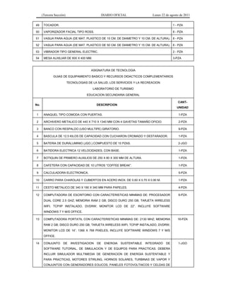 (Tercera Sección) DIARIO OFICIAL Lunes 22 de agosto de 2011
49 TOCADOR. 1 - PZA
50 VAPORIZADOR FACIAL TIPO ROSS. 8 - PZA
51 VASIJA PARA AGUA (DE MAT. PLASTICO DE 15 CM. DE DIAMETRO Y 10 CM. DE ALTURA). 8 - PZA
52 VASIJA PARA AGUA (DE MAT. PLASTICO DE 50 CM. DE DIAMETRO Y 15 CM. DE ALTURA). 8 - PZA
53 VIBRADOR TIPO GENERAL ELECTRIC. 2 - PZA
54 MESA AUXILIAR DE 600 X 400 MM. 3-PZA
ASIGNATURA DE TECNOLOGIA
GUIAS DE EQUIPAMIENTO BASICO Y RECURSOS DIDACTICOS COMPLEMENTARIOS
TECNOLOGIAS DE LA SALUD, LOS SERVICIOS Y LA RECREACION
LABORATORIO DE TURISMO
EDUCACION SECUNDARIA GENERAL
No. DESCRIPCION
CANT-
UNIDAD
1 ANAQUEL TIPO COMODA CON PUERTAS. 1-PZA
2 ARCHIVERO METALICO DE 440 X 710 X 1340 MM CON 4 GAVETAS TAMAÑO OFICIO. 2-PZA
3 BANCO CON RESPALDO (USO MULTIPE) GIRATORIO. 9-PZA
4 BASCULA DE 12.5 KILOS DE CAPACIDAD CON CUCHARON CROMADO Y DESTARADOR. 1-PZA
5 BATERIA DE DURALUMINIO (JGO.) COMPUESTO DE 10 PZAS. 2-JGO
6 BATIDORA ELECTRICA 12 VELOCIDADES, CON BASE. 1-PZA
7 BOTIQUIN DE PRIMERO AUXILIOS DE 250 X 80 X 300 MM DE ALTURA. 1-PZA
8 CAFETERA CON CAPACIDAD DE 10 LITROS “COFFEE BREAK”. 1-PZA
9 CALCULADORA ELECTRONICA. 5-PZA
10 CARRO PARA CHAROLAS Y CUBIERTOS EN ACERO INOX. DE 0.60 X 0.70 X 0.90 M. 1-PZA
11 CESTO METALICO DE 340 X 190 X 340 MM PARA PAPELES. 4-PZA
12 COMPUTADORA DE ESCRITORIO CON CARACTERISTICAS MINIMAS DE: PROCESADOR
DUAL CORE 2.5 GHZ; MEMORIA RAM 2 GB; DISCO DURO 250 GB; TARJETA WIRELESS
WIFI, TCP/IP INSTALADO, DVDRW; MONITOR LCD DE 22”. INCLUYE SOFTWARE
WINDOWS 7 Y M/S OFFICE.
6-PZA
13 COMPUTADORA PORTATIL CON CARACTERISTICAS MINIMAS DE: 2130 MHZ; MEMORIA
RAM 2 GB; DISCO DURO 250 GB; TARJETA WIRELESS WIFI, TCP/IP INSTALADO, DVDRW;
MONITOR LCD DE 14”. 1366 X 768 PIXELES, INCLUYE SOFTWARE WINDOWS 7 Y M/S
OFFICE.
16-PZA
14 CONJUNTO DE INVESTIGACION DE ENERGIA SUSTENTABLE INTEGRADO DE
SOFTWARE TUTORIAL, DE SIMULACION Y DE EQUIPOS PARA PRACTICAS. DEBERA
INCLUIR SIMULADOR MULTIMEDIA DE GENERACION DE ENERGIA SUSTENTABLE Y
PARA PRACTICAS, MOTORES STIRLING, HORNOS SOLARES, TURBINAS DE VAPOR Y
CONJUNTOS CON GENERADORES EOLICOS, PANELES FOTOVOLTAICOS Y CELDAS DE
1-JGO
 