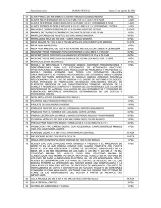 (Tercera Sección) DIARIO OFICIAL Lunes 22 de agosto de 2011
51 LLAVE PERICO DE 304.8 MM (12´) ACERO FORJADO ACABADO NEGRO 3-PZA
52 LLAVES ALLEN ESTANDAR DE 3.2 A 12.7 MM. (1/8´ A ½´) A/C 1/16´8 PZAS 1-JGO
53 LLAVES DE ESTRIAS DOBLE BOCA DE 6.3 A 25 MM. (1/4´A 1´) CROMADAS 6 PZAS 1-JGO
54 LLAVES ESPAÑOLAS DOBLE BOCA DE 6.3 A 32.1 MM ¼´A 1 ¼´) CROMADAS, 12 PZAS. 1-JGO
55 MACHUELO CUERDA DERECHA DE 3.2 A 254 MM JUEGO DE 15 PZAS 2-JGOS
56 MARMOL DE TRAZADO CON BANCO CON GAVETA DE 650 X 550 13 MM. 1-PZA
57 MARTILLO CABEZA DE PLASTICO 530 GRS, MANGO MADERA. 6-PZA
58 MARTILLO DE BOLA DE 454 GRS. 1 LIBRA, MANGO MADERA. 6-PZA
59 MESA BINARIA DE 1200 X 400 X 750 MM METALICA CON CUBIERTA DE MADERA 10-PZA
60 MESA PARA IMPRESORA 1-PZA
61 MESA PARA MAESTRO DE 1200 X 600 X750 MM. METALICA CON CUBIERTA DE MADERA 2-PZA
62 MICROMETRO DE PRECISION PARA EXTERIORES 0 A 25.4 MM 0 A 1´EN 0.001 6-PZA
63 MICROMETRO DE PRECISION CALIBRADOR EXTERIORES DE 25.4 A 76.2 MM 6-PZA
64 MICROMETRO DE PRECISION DE BURBUJA DE 203 MM CON NIVEL HOR. Y VERT. 1-PZA
65 MONOGOGLES DE SEGURIDAD 3-PZA
66 MODULO DE MATERIALES Y PROCESOS DEBERA CONTENER PRESENTACIONES Y
DEMOSTRACIONES PARA LOS ESTUDIANTES, DE ACTIVIDADES PRACTICAS,
INVESTIGACIONES DOCUMENTALES, RESOLUCION DE PROBLEMAS Y PROYECTOS. EL
MODULO DEBERA PERMITIR QUE TODOS LOS ESTUDIANTES REALICEN
SIMULTANEAMENTE ACTIVIDADES RELACIONADAS CON LOS MISMOS TEMAS Y DEBERA
UTILIZAR SOFTWARE INTERACTIVO. EL MODULO DEBERA INTEGRAR PRACTICAS
RELACIONADAS CON EL USO DE ENERGIA Y EL DISEÑO DE SISTEMAS ECOLOGICOS,
COMO: PROCESOS DE FABRICACION, MATERIALES INTELIGENTES, MOLDEO DE
PLASTICOS, MEDICION DE LAS CARACTERISTICAS TERMICAS, MEDICION DE LA
DUREZA Y RESISTENCIA A IMPACTO Y TENSION DE LOS MATERIALES, LAS CAUSAS DE
DESPERDICIOS DE MATERIAL, EVALUACION DE LAS HERRAMIENTAS Y PROCESOS DE
FABRICACION, MATERIALES APROPIADOS, DETERMINACION DE LOS COSTOS Y
PROCESO DE DISEÑO.
1-PZA
67 NIVEL METALICO DE 3 BURBUJAS 203.2 MM (8´). 1-PZA
68 PIZARRON ELECTRONICO INTERACTIVO. 1-PZA
69 PAQUETE DE SEGURIDAD E HIGIENE. 1-PAQ
70 PINZAS DE CHOFER, 203.2 MM (8´), CROMADAS, DIENTES RANURADOS 6-PZA
71 PINZAS DE PUNTA, 168 MM (6 5/8´), AISLADAS, CORTE LATERAL 6-PZA
72 PINZAS ELECTRICISTA 203 MM (8´), MANGO ESTRIADO AISLADO,TRANSPARENTE 6-PZA
73 PIZARRON METALICO DE 3000 X 900 MM, ESMALTADO, COLOR BLANCO. 1-PZA
74 PRENSA PARA TUBO TIPO BANCO, TORNILLO DE 6.1 A 63.5 MM (1/8 A 2 ½´) 2-PZA
75 PROYECTOR (TIPO CAÑON) DIGITAL CON ACCESORIOS; CARACTERISTICAS MINIMAS
2000 ANSI LUMENS/BRILLANTES.
1-PZA
76 PUNTO DE GOLPE, 11.1 MM (7/16´), PARA MARCAR CENTROS. 10-PZA
77 RAYADOR DE ACERO CON PUNTA OCULTA. 10-PZA
78 REGULADOR CON RESPALDO DE ENERGIA DE 1500 W (NO BREAK). 1-PZA
79 ROUTER CNC CON CAPACIDAD PARA GRABADO Y FRESADO Y EL MAQUINADO DE
MODELOS EN 3D QUE DEBERA CONTAR CON: GUARDA COMPLETA CON PUERTA
FRONTAL, VENTANA REFORZADA Y CIERRE DE SEGURIDAD, DIMENSIONES DE LA
MESA: 400 X 240 MM, RECORRIDO DE LOS EJES: X: 400 MM; Y: 240 MM; Z: 110 MM,
VELOCIDAD MAXIMA DEL HUSILLO: 29,000 RPM, VELOCIDAD MAXIMA DE
ALIMENTACION: 5000 MM/MIN, POTENCIA, MOTOR DEL HUSILLO: 500 W, MOTORES DE
LOS EJES: DE PASO, ALIMENTACION ELECTRICA: 6A; 120 VCA MONOFASICA. CON EL
ROUTER SE DEBERAN INCLUIR: SOFTWARE DE CONTROL DE REALIDAD VIRTUAL QUE
DEBERA PERMITIR LA OPERACION DEL ROUTER DESDE UNA COMPUTADORA Y LA
SIMULACION EN REALIDAD VIRTUAL DE PROCESOS DE MAQUINADO; CONJUNTO DE
HERRAMIENTAS DE CORTE Y DISPOSITIVOS DE FIJACION, PAQUETE DE MATERIALES
CONSUMIBLES PARA MAQUINADO; SOFTWARE CAM QUE GENERA TRAYECTORIAS DE
CORTE DE LAS HERRAMIENTAS DEL ROUTER A PARTIR DE ARCHIVOS CAD
IMPORTADOS.
1-PZA
80 SILLA APILABLE DE 495 X 567 X 767 MM, ESTRUCTURA METALICA. 16-PZA
81 SILLA ESPECIAL CAPFCE. 2-PZA
82 SISTEMA DE ALMACENAJE Y CARGA. 1-PZA
 