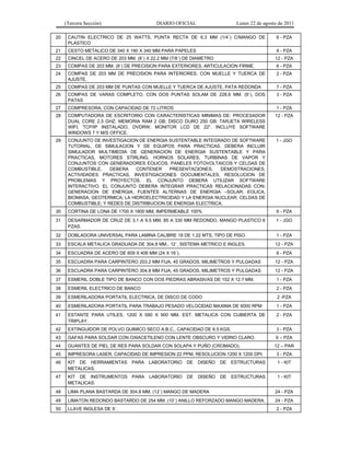 (Tercera Sección) DIARIO OFICIAL Lunes 22 de agosto de 2011
20 CAUTIN ELECTRICO DE 25 WATTS, PUNTA RECTA DE 6.3 MM (1/4´) C/MANGO DE
PLASTICO
6 - PZA
21 CESTO METALICO DE 340 X 190 X 340 MM PARA PAPELES 4 - PZA
22 CINCEL DE ACERO DE 203 MM. (8´) X 22.2 MM (7/8´) DE DIAMETRO 12 - PZA
23 COMPAS DE 203 MM. (8´) DE PRECISION PARA EXTERIORES, ARTICULACION FIRME. 6 - PZA
24 COMPAS DE 203 MM DE PRECISION PARA INTERIORES, CON MUELLE Y TUERCA DE
AJUSTE,
2 - PZA
25 COMPAS DE 203 MM DE PUNTAS CON MUELLE Y TUERCA DE AJUSTE, PATA REDONDA 7 - PZA
26 COMPAS DE VARAS COMPLETO, CON DOS PUNTAS SOLAM DE 228.6 MM. (9´), DOS
PATAS
3 - PZA
27 COMPRESORA, CON CAPACIDAD DE 72 LITROS 1 - PZA
28 COMPUTADORA DE ESCRITORIO CON CARACTERISTICAS MINIMAS DE: PROCESADOR
DUAL CORE 2.5 GHZ; MEMORIA RAM 2 GB; DISCO DURO 250 GB; TARJETA WIRELESS
WIFI, TCP/IP INSTALADO, DVDRW; MONITOR LCD DE 22”. INCLUYE SOFTWARE
WINDOWS 7 Y M/S OFFICE.
12 - PZA
29 CONJUNTO DE INVESTIGACION DE ENERGIA SUSTENTABLE INTEGRADO DE SOFTWARE
TUTORIAL, DE SIMULACION Y DE EQUIPOS PARA PRACTICAS. DEBERA INCLUIR
SIMULADOR MULTIMEDIA DE GENERACION DE ENERGIA SUSTENTABLE Y PARA
PRACTICAS, MOTORES STIRLING, HORNOS SOLARES, TURBINAS DE VAPOR Y
CONJUNTOS CON GENERADORES EOLICOS, PANELES FOTOVOLTAICOS Y CELDAS DE
COMBUSTIBLE. DEBERA CONTENER PRESENTACIONES, DEMOSTRACIONES,
ACTIVIDADES PRACTICAS, INVESTIGACIONES DOCUMENTALES, RESOLUCION DE
PROBLEMAS Y PROYECTOS. EL CONJUNTO DEBERA UTILIZAR SOFTWARE
INTERACTIVO. EL CONJUNTO DEBERA INTEGRAR PRACTICAS RELACIONADAS CON:
GENERACION DE ENERGIA; FUENTES ALTERNAS DE ENERGIA –SOLAR, EOLICA,
BIOMASA, GEOTERMICA; LA HIDROELECTRICIDAD Y LA ENERGIA NUCLEAR; CELDAS DE
COMBUSTIBLE; Y REDES DE DISTRIBUCION DE ENERGIA ELECTRICA.
1 - JGO
30 CORTINA DE LONA DE 1700 X 1800 MM, IMPERMEABLE 100% 6 - PZA
31 DESARMADOR DE CRUZ DE 3.1 A 9.5 MM, 85 A 330 MM REDONDO, MANGO PLASTICO 6
PZAS.
1 - JGO
32 DOBLADORA UNIVERSAL PARA LAMINA CALIBRE 18 DE 1.22 MTS, TIPO DE PISO. 1 - PZA
33 ESCALA METALICA GRADUADA DE 304.8 MM., 12´, SISTEMA METRICO E INGLES. 12 - PZA
34 ESCUADRA DE ACERO DE 609 X 406 MM (24 X 16´). 6 - PZA
35 ESCUADRA PARA CARPINTERO 203.2 MM FIJA, 45 GRADOS, MILIMETROS Y PULGADAS 12 - PZA
36 ESCUADRA PARA CARPINTERO 304.8 MM FIJA, 45 GRADOS, MILIMETROS Y PULGADAS 12 - PZA
37 ESMERIL DOBLE TIPO DE BANCO CON DOS PIEDRAS ABRASIVAS DE 152 X 12.7 MM. 1 - PZA
38 ESMERIL ELECTRICO DE BANCO 2 - PZA
39 ESMERILADORA PORTATIL ELECTRICA, DE DISCO DE CODO 2 -PZA
40 ESMERILADORA PORTATIL PARA TRABAJO PESADO VELOCIDAD MAXIMA DE 6000 RPM 1 - PZA
41 ESTANTE PARA UTILES, 1200 X 590 X 900 MM, EST. METALICA CON CUBIERTA DE
TRIPLAY.
2 - PZA
42 EXTINGUIDOR DE POLVO QUIMICO SECO A.B.C., CAPACIDAD DE 8.5 KGS. 3 - PZA
43 GAFAS PARA SOLDAR CON OXIACETILENO CON LENTE OBSCURO Y VIDRIO CLARO. 6 – PZA
44 GUANTES DE PIEL DE RES PARA SOLDAR CON SOLAPA Y PUÑO (CROMADO). 12 – PAR
45 IMPRESORA LASER, CAPACIDAD DE IMPRESION 22 PPM, RESOLUCION 1200 X 1200 DPI. 3 - PZA
46 KIT DE HERRAMIENTAS PARA LABORATORIO DE DISEÑO DE ESTRUCTURAS
METALICAS.
1 - KIT
47 KIT DE INSTRUMENTOS PARA LABORATORIO DE DISEÑO DE ESTRUCTURAS
METALICAS.
1 - KIT
48 LIMA PLANA BASTARDA DE 304.8 MM, (12´) MANGO DE MADERA 24 - PZA
49 LIMATON REDONDO BASTARDO DE 254 MM. (10´) ANILLO REFORZADO MANGO MADERA. 24 - PZA
50 LLAVE INGLESA DE 9´. 2 - PZA
 