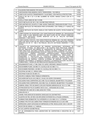 (Tercera Sección) DIARIO OFICIAL Lunes 22 de agosto de 2011
17 CALADORA PARA MADERA TIPO BANCO. 1-PZA
18 CANTEADORA PARA MADERA CORTE TRANSVERSAL, 152.6 MM (6). 1-PZA
19 CARETA DE PLASTICO TRANSPARENTE Y AJUSTABLE, CON PANTALLA PROTECTORA. 15-PZA
20 CEPILLO DE 350 X 32 X 20 MM, ALAMBRE DE ACERO, MANGO CURVO CON 4X 17
HILERAS.
7-PZA
21 CEPILLO PARA LIMAS DE 280 X 30 MM. 7-PZA
22 CESTO METALICO DE 340 X 190 X 340 MM PARA PAPELES. 2-PZA
23 CINTA METRICA DE 3.00 MTS X 13 MM. ACERO TEMPLADO, GRADUADA EN MM Y PULG. 7-PZA
24 COMPAS METALICO DE PRECISION PARA EXTERIORES, CON TORNILLO Y TUERCA DE
AJUSTE.
7-PZA
25 COMPAS METALICO DE PUNTA, MUELLE CON TUERCA DE AJUSTE, PATAS PLANAS DE
ACERO.
7-PZA
26 COMPUTADORA DE ESCRITORIO CON CARACTERISTICAS MINIMAS DE: PROCESADOR
DUAL CORE 2.5 GHZ; MEMORIA RAM 2 GB; DISCO DURO 250 GB; TARJETA WIRELESS
WIFI, TCP/IP INSTALADO, DVDRW; MONITOR LCD DE 22”. INCLUYE SOFTWARE
WINDOWS 7 Y M/S OFFICE.
1-PZA
27 COMPUTADORA PORTATIL CON CARACTERISTICAS MINIMAS DE: 2130 MHZ; MEMORIA
RAM 2 GB; DISCO DURO 250 GB; TARJETA WIRELESS WIFI, TCP/IP INSTALADO, DVDRW;
MONITOR LCD DE 14”. 1366 X 768 PIXELES, INCLUYE SOFTWARE WINDOWS 7 Y M/S
OFFICE
24-PZA
28 CONJUNTO DE INVESTIGACION DE ENERGIA SUSTENTABLE, INTEGRADO DE
SOFTWARE TUTORIAL, DE SIMULACION Y DE EQUIPOS PARA PRACTICAS. DEBERA
INCLUIR SIMULADOR MULTIMEDIA DE GENERACION DE ENERGIA SUSTENTABLE Y
PARA PRACTICAS, MOTORES STIRLING, HORNOS SOLARES, TURBINAS DE VAPOR Y
CONJUNTOS CON GENERADORES EOLICOS, PANELES FOTOVOLTAICOS Y CELDAS DE
COMBUSTIBLE. DEBERA CONTENER PRESENTACIONES, DEMOSTRACIONES,
ACTIVIDADES PRACTICAS, INVESTIGACIONES DOCUMENTALES, RESOLUCION DE
PROBLEMAS Y PROYECTOS. EL CONJUNTO DEBERA UTILIZAR SOFTWARE
INTERACTIVO. EL CONJUNTO DEBERA INTEGRAR PRACTICAS RELACIONADAS CON:
GENERACION DE ENERGIA; FUENTES ALTERNAS DE ENERGIA –SOLAR, EOLICA,
BIOMASA, GEOTERMICA; LA HIDROELECTRICIDAD Y LA ENERGIA NUCLEAR; CELDAS DE
COMBUSTIBLE; Y REDES DE DISTRIBUCION DE ENERGIA ELECTRICA.
1-JGO
29 DESARMADOR PLANO, 4.7 MM, DIAM 152 LARGO, REDONDO, MANGO PLASTICO. 7-PZA
30 ESCOCHEBRE PLANO, 254 MM (10´) CUCHILLA DE 44.5 MM (1 ¾´). 7-PZA
31 ESCOCHEBRE REDONDO, 254 MM (10´) CUCHILLA DE 44.5 MM (1 ¾´). 7-PZA
32 ESCOFINA 304 MM (12´), MEDIA CAÑA. 15-PZA
33 ESCOFINA PLANA DE 254 MM (10´). 15-PZA
34 ESCOPLO CABEZAL PARA TRABAJO HORIZONTAL. 2-PZA
35 ESCUADRA METALICA 203.2 MM (8´), FALSA, DE ACERO CON MANGO 7-PZA
36 ESCUADRA PARA CARPINTERO 203.2 MM. FIJA 45 GRADOS, MILIMETROS Y PULGADAS 7-PZA
37 ESCUADRA PARA CARPINTERO, 304.8 MM, FIJA, 45 GRADOS, MILIMETROS Y PULGADAS ´7-PZA
38 ESMERIL DOBLE TIPO DE BANCO CON DOS PIEDRAS ABRASIVAS DE 152 X 12.7 MM. 1-PZA
39 EXTINGUIDOR DE POLVO QUIMICO SECO A.B.C., CAPACIDAD DE 8.5 KGS. 5-PZA
40 FORMONES DE CUBO DE 6.4 MM JUEGO DE 7 PZAS. 7-JGO
41 GARLOPA NO. 6. 7-PZA
42 GRAMIL PARA MARCAR EN MADERA GRADUADO EN CENTIMETROS. 15-PZA
43 GUANTES DE PIEL DE RES CON REFUERZO EXTERIOR EN LA PALMA (CARNAZA). 25-PAR
44 GURBIAS PARA DESBASTAR, FILO INTERIOR 6.4 A 25.4 MM (1/4 A 1´) 6 PIEZAS. 3-JGO
45 GURBIAS TIPO PATA DE CABRA PARA TORNEAR EN MADERA DE 9.5 A 254.5 MM. 2-JGO
46 IMPRESORA LASER CAPACIDAD DE IMPRESION 22 PPM, RESOLUCION 1200 X 1200 DPI 1-PZA
47 INYECTOR DE GRASA ½ LT. MANUAL 2-PZA
48 KIT DE CUERPOS GEOMETRICOS. 5-PZA
49 KIT DE HERRAMIENTAS PARA LABORATORIO DE CARPINTERIA E INDUSTRIA DE LA
MADERA.
1-KIT
 