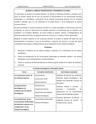 (Segunda Sección) DIARIO OFICIAL Lunes 22 de agosto de 2011
BLOQUE II. CAMPOS TECNOLOGICOS Y DIVERSIDAD CULTURAL
En este bloque se analizan los cambios técnicos y su difusión en diferentes procesos y contextos como
factor de cambio cultural. De ahí que se promueva el reconocimiento de los conocimientos técnicos
tradicionales y la interrelación y adecuación de las diversas innovaciones técnicas con los contextos
sociales y naturales, que a su vez repercuten en el cambio técnico y en la configuración de nuevos
procesos técnicos.
Se pone en práctica un conjunto de técnicas comunes a un campo tecnológico y a las técnicas que lo han
enriquecido, es decir, la reproducción de aquellas creaciones e innovaciones que se originaron con
propósitos y en contextos diferentes. Se busca analizar la creación, difusión e interdependencia de
diferentes clases de técnicas y el papel que tienen los insumos en un contexto y tiempo determinado.
Mediante el análisis sistémico de las creaciones técnicas, se propone el estudio del papel que han
desempeñando la innovación, el uso de herramientas y máquinas, los insumos y la cada vez mayor
complejización de procesos y sistemas técnicos en la configuración de los campos tecnológicos.
Propósitos
1. Reconocer la influencia de los saberes sociales y culturales en la conformación de los campos
tecnológicos.
2. Valorar las aportaciones de los conocimientos tradicionales de diferentes culturas a los campos
tecnológicos y sus transformaciones a lo largo del tiempo.
3. Tomar en cuenta las diversas aportaciones de diversos grupos sociales en la mejora de procesos y
productos.
2. Campos tecnológicos y diversidad cultural
Temas Conceptos relacionados Aprendizajes esperados
La construcción social de
los sistemas técnicos
Cambio técnico
Construcción social
Sistemas técnicos
Identifican las técnicas que conforman
diferentes campos tecnológicos y las
emplean para desarrollar procesos de
innovación.
Proponen mejoras a procesos y
productos incorporando las
aportaciones de los conocimientos
tradicionales de diferentes culturas.
Proponen alternativas de solución a
problemas técnicos de acuerdo al
contexto social y cultural.
Las generaciones
tecnológicas y la
configuración de campos
tecnológicos
Cambio técnico
Trayectorias técnicas
Generaciones tecnológicas
Campos tecnológicos
Las aportaciones de los
conocimientos tradicionales
de diferentes culturas en la
configuración de los
campos tecnológicos
Conocimientos tradicionales
Campos tecnológicos
 