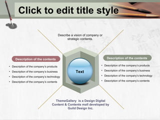 Click to edit title style Description of the contents Description of the contents Describe a vision of company or strategic contents. Description of the company’s products Description of the company’s business Description of the company’s technology Description of the company’s contents Description of the company’s products Description of the company’s business Description of the company’s technology Description of the company’s contents ThemeGallery  is a Design Digital Content & Contents mall developed by Guild Design Inc. Text 