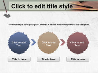 Click to edit title style ThemeGallery is a Design Digital Content & Contents mall developed by Guild Design Inc. Title in here Click to add Text Title in here Title in here Click to add Text Click to add Text 