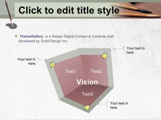 Click to edit title style ThemeGallery  is a Design Digital Content & Contents mall developed by Guild Design Inc. Vision Text1 Text2 Text3 Your text in here Your text in here Your text in here 