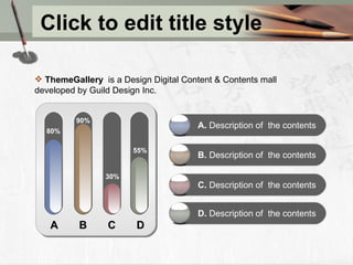 Click to edit title style ThemeGallery   is a Design Digital Content & Contents mall developed by Guild Design Inc. A  B  C  D 80% 90% 30% 55% A.  Description of  the contents B.  Description of  the contents C.  Description of  the contents D.  Description of  the contents 