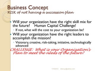 Business Concept
RISK of not having a succession plan
 Will your organization have the right skill mix for
the future? Human Capital Challenge!
◦ If not, what will the cost to your organization be?
 Will your organization have the right leaders to
accomplish the mission?
◦ Visionary, creative, risk-taking, initiative, technologically
advanced
CHALLENGE: What is your Organization’s
Plan to meet the needs of the future?
11/9/2012 ebenyu@yahoo.com
 