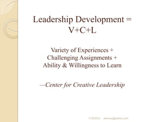 Leadership Development =
V+C+L
Variety of Experiences +
Challenging Assignments +
Ability & Willingness to Learn
—Center for Creative Leadership
11/9/2012 ebenyu@yahoo.com
 