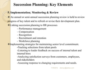 5. Implementation; Monitoring & Review
 An annual or semi-annual succession planning review is held to review
progress of key talent and to refresh or revise their development plan.
Linking succession planning to HR processes
– Performance management
– Compensation
– Recognition
– Recruitment and retention
– Workforce planning
Implementing strategies for maintaining senior level commitment.
-Tracking selections from talent pools
-Listening to leader feedback on success of internal talent and
internal hires
-Analyzing satisfaction surveys from customers, employees,
and stakeholders
-Assessing response to changing requirements and needs.
Succession Planning: Key Elements
11/9/2012 ebenyu@yahoo.com
 