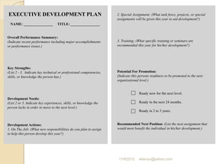 Overall Performance Summary:
(Indicate recent performance including major accomplishments
or performance issues.)
Key Strengths:
(List 2 - 3. Indicate key technical or professional competencies,
skills, or knowledge the person has.)
Development Needs:
(List 2 or 3. Indicate key experiences, skills, or knowledge the
person lacks in order to move to the next level.)
Development Actions:
1. On The Job: (What new responsibilities do you plan to assign
to help this person develop this year?)
EXECUTIVE DEVELOPMENT PLAN
NAME: ________________ TITLE: ________________
2. Special Assignment: (What task force, projects, or special
assignments will be given this year to aid development?)
3. Training: (What specific training or seminars are
recommended this year for his/her development?)
Potential For Promotion:
(Indicate this persons readiness to be promoted to the next
organizational level.)
Ready now for the next level.
Ready in the next 24 months.
Ready in 2 to 3 years.
Recommended Next Position: (List the next assignment that
would most benefit the individual in his/her development.)
11/9/2012 ebenyu@yahoo.com
 