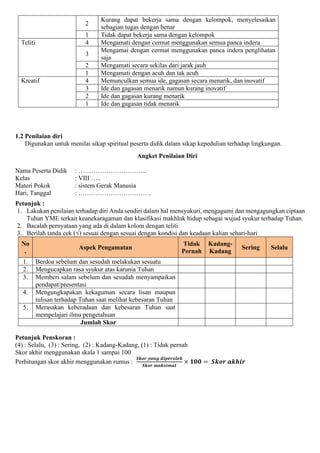 2
Kurang dapat bekerja sama dengan kelompok, menyelesaikan
sebagian tugas dengan benar
1 Tidak dapat bekerja sama dengan kelompok
Teliti 4 Mengamati dengan cermat menggunakan semua panca indera
3
Mengamai dengan cermat menggunakan panca indera penglihatan
saja
2 Mengamati secara sekilas dari jarak jauh
1 Mengamati dengan acuh dan tak acuh
Kreatif 4 Memunculkan semua ide, gagasan secara menarik, dan inovatif
3 Ide dan gagasan menarik namun kurang inovatif
2 Ide dan gagasan kurang menarik
1 Ide dan gagasan tidak menarik
1.2 Penilaian diri
Digunakan untuk menilai sikap spiritual peserta didik dalam sikap kepedulian terhadap lingkungan.
Angket Penilaian Diri
Nama Peserta Didik : …………………………..
Kelas : VIII …..
Materi Pokok : sistem Gerak Manusia
Hari, Tanggal : …………………………….
Petunjuk :
1. Lakukan penilaian terhadap diri Anda sendiri dalam hal mensyukuri, mengagumi dan mengagungkan ciptaan
Tuhan YME terkait keanekaragaman dan klasifikasi makhluk hidup sebagai wujud syukur terhadap Tuhan.
2. Bacalah pernyataan yang ada di dalam kolom dengan teliti
3. Berilah tanda cek (√) sesuai dengan sesuai dengan kondisi dan keadaan kalian sehari-hari
No
.
Aspek Pengamatan
Tidak
Pernah
Kadang-
Kadang
Sering Selalu
1. Berdoa sebelum dan sesudah melakukan sesuatu
2. Mengucapkan rasa syukur atas karunia Tuhan
3. Memberi salam sebelum dan sesudah menyampaikan
pendapat/presentasi
4. Mengungkapakan kekaguman secara lisan maupun
tulisan terhadap Tuhan saat melihat kebesaran Tuhan
5. Merasakan keberadaan dan kebesaran Tuhan saat
mempelajari ilmu pengetahuan
Jumlah Skor
Petunjuk Penskoran :
(4) : Selalu, (3) : Sering, (2) : Kadang-Kadang, (1) : Tidak pernah
Skor akhir menggunakan skala 1 sampai 100
Perhitungan skor akhir menggunakan rumus :
𝑺𝒌𝒐𝒓 𝒚𝒂𝒏𝒈 𝒅𝒊𝒑𝒆𝒓𝒐𝒍𝒆𝒉
𝑺𝒌𝒐𝒓 𝒎𝒂𝒌𝒔𝒊𝒎𝒂𝒍
× 𝟏𝟎𝟎 = 𝑺𝒌𝒐𝒓 𝒂𝒌𝒉𝒊𝒓
 