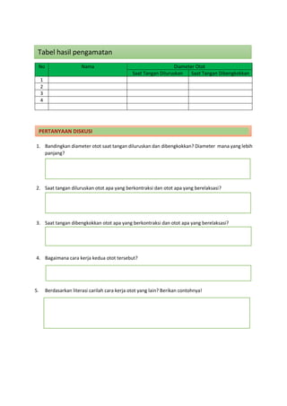 No Nama Diameter Otot
Saat Tangan Diluruskan Saat Tangan Dibengkokkan
1
2
3
4
1. Bandingkan diameter otot saat tangan diluruskan dan dibengkokkan? Diameter mana yang lebih
panjang?
2. Saat tangan diluruskan otot apa yang berkontraksi dan otot apa yang berelaksasi?
3. Saat tangan dibengkokkan otot apa yang berkontraksi dan otot apa yang berelaksasi?
4. Bagaimana cara kerja kedua otot tersebut?
5. Berdasarkan literasi carilah cara kerja otot yang lain? Berikan contohnya!
PERTANYAAN DISKUSI
Tabel hasil pengamatan
 