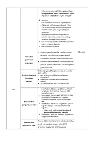 7
Coba sekarang kamu pikirkan, apakah tulang-
tulang penyusun rangka tubuh manusia dapat
digerakkan tanpa adanya bagian lainnya???
❖ Motivasi:
Guru memberikan motivasi kepada peserta
didik untuk selalu bersyukur kepada Tuhan
YME atas limpahan rahmadNya kita semua
memiliki sistem gerak yang lengkap dan
sempurna.
Dengan mempelajari sistem gerak (otot),
semakin menambah pemahaman tentang
jenis-jenis otot pada tubuh manusia.
❖ Guru menyampaikan tujuan Pembelajaran dan
Materi yang akan dipelajari
❖ Guru memberikan pretest
Inti
Stimulation
(pemberian
rangsangan)
• Guru menayangkan gambar rangka manusia,
kemudian mengajukan pertanyaan: apakah
tulang dapat bergerak tanpa jaringan yang lain?
• Guru menayangkan gambar tubuh yang ditutupi
jaringan, peserta didik diminta untuk mengamati
gambar tersebut.
50 menit
Problem statement
(identifikasi
masalah)
Pertanyaan yang diharapkan muncul dari peserta
didik adalah:
• Apa yang membuat tulang/rangka dapat
digerakkan?
• Bagaimana sistem kerja otot pada tubuh
manusia
• Apa jenis otot-otot pada tubuh manusia?
Data Colection
(pengumpulan data)
• Peserta didik dibagi menjadi kelompok kecil
yang terdiri dari maksimal 4 peserta didik
secara heterogen.
• Peserta didik menerima LKPD STRUKTUR DAN
FUNGSI OTOT MANUSIA dari guru dan
menerima penjelasan singkat penggunaan
LKPD
• Peserta didik melakukan pengamatan gambar
kegiatan dengan panduan LKPD, terdiri 2
kegiatan:
1. Sistem kerja otot manusia (percobaan)
2. Mengamati jaringan otot manusia
• Peserta didik mencatat data hasil pengamatan
dengan cermat dan teliti
Data Procesing
(pengolahan data)
Peserta didik melakukan analisis data dan berdiskusi
untuk menjawab pertanyaan dalam LKPD
STRUKTUR DAN FUNGSI OTOT MANUSIA
 