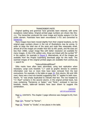 TRANSCRIBER’S NOTE
Original spelling and grammar have generally been retained, with some
exceptions noted below. Original printed page numbers are shown like this:
{52}. The transcriber produced the cover image and hereby assigns it to the
public domain. Footnotes have been renumbered 1–751 and converted to
ENDNOTES.
Many images have been moved slightly from their original locations, so the
original page numbers shown in the List of Illustrations may be wrong. In
order to keep the total size of the epub and mobi files reasonably small,
almost all of the images are smaller than 601 by 801 pixels, and file sizes are
less than 100kb. Larger image files with better resolution are available for
many images. In the HTML edition only, these are linked with the symbol “Μ”
in the caption, for example in Figure 9. Alternatively, all of the images are
available from the Project Gutenberg download page for this book. The
scanned images of the original printed pages are available from archive.org
— search for
“historyofoldengl00reed”.
Ditto marks have often been eliminated, using text replication when
necessary. Large curly brackets “{ }” used as graphic devices to combine
information over two or more lines have been removed from the text
everywhere. For example, in the table on page 35, first column, 9th and 10th
rows, there was a two-row bracket suggesting that “9.” applies to both rows.
Herein, “9.” was simply duplicated to indicate that fact. The row headed by
“17. Pearl” contains in the second column, in the original printed book, two
rows containing “Parisienne or Sedan.” and “Perle.”, enclosed in two-row
brackets. Herein, table-cell borders have been drawn to suggest this
combination.
CONTENTS
LIST OF ILLUSTRATIONS
Page xi, CONTENTS. The chapter 3 page reference was changed to 83, from
13.
Page 32n. “fromer” to “former”.
Page 35. “Grobe” to “Große”, in two places in the table.
 