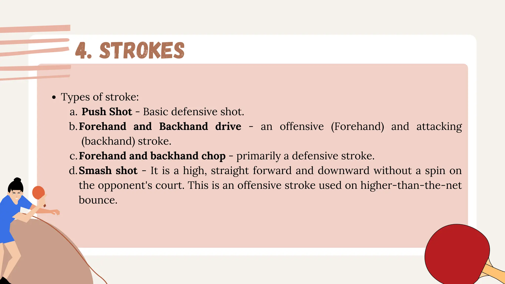 4. strokes
Types of stroke:
Push Shot - Basic defensive shot.
Forehand and Backhand drive - an offensive (Forehand) and attacking
(backhand) stroke.
Forehand and backhand chop - primarily a defensive stroke.
Smash shot - It is a high, straight forward and downward without a spin on
the opponent's court. This is an offensive stroke used on higher-than-the-net
bounce.
a.
b.
c.
d.
 