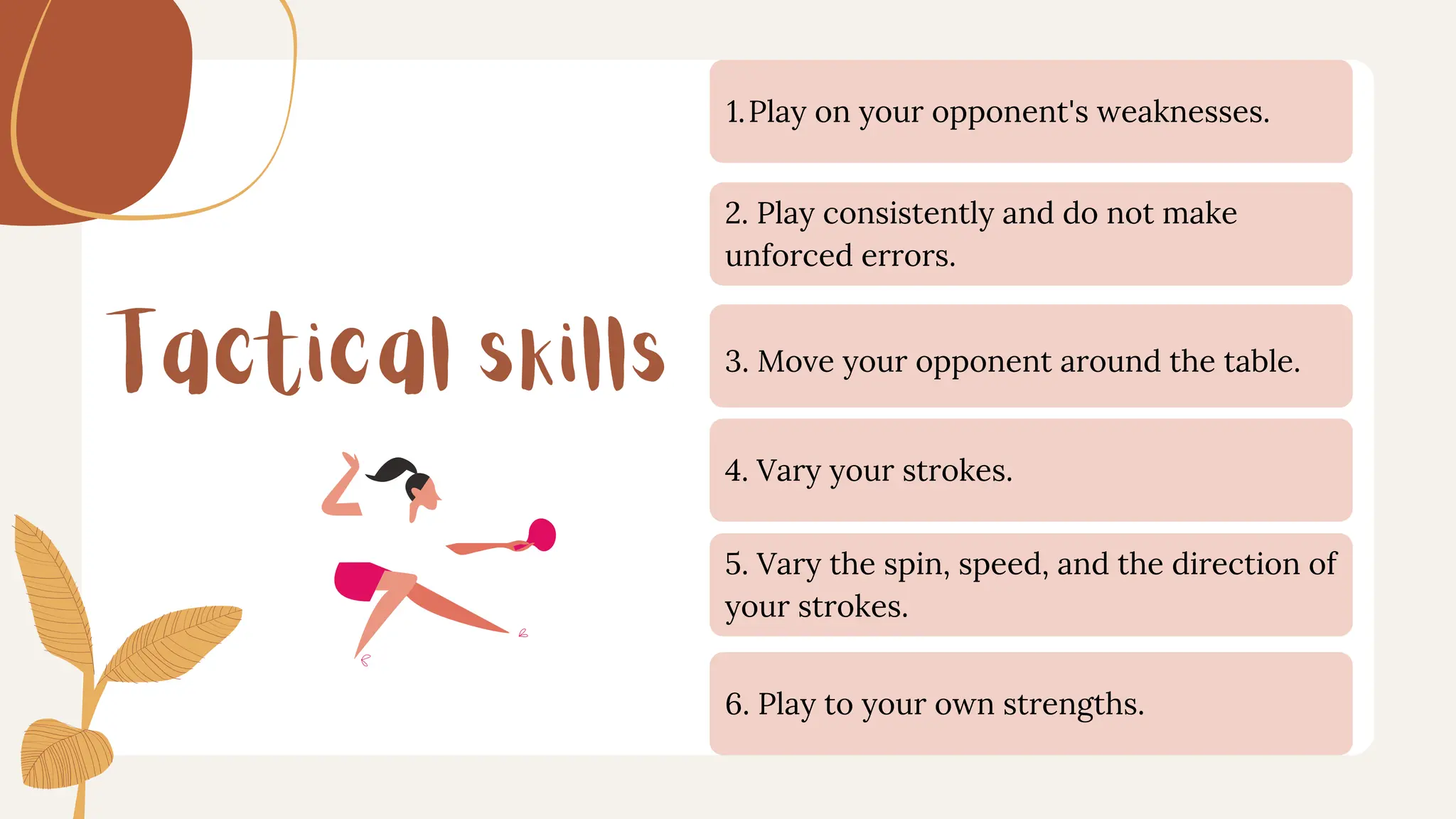 Tactical skills
Play on your opponent's weaknesses.
1.
2. Play consistently and do not make
unforced errors.
3. Move your opponent around the table.
4. Vary your strokes.
5. Vary the spin, speed, and the direction of
your strokes.
6. Play to your own strengths.
 