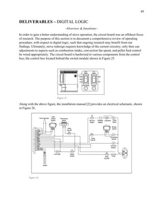 49
DELIVERABLES – DIGITAL LOGIC
~Overview & Intentions~
In order to gain a better understanding of stove operation, the circuit board was an offshoot focus
of research. The purpose of this section is to document a comprehensive review of operating
procedure, with respect to digital logic, such that ongoing research may benefit from our
findings. Ultimately, stove redesign requires knowledge of the current circuitry; only then can
adjustments to aspects such as combustion intake, convection fan speed, and pellet feed control
be wired appropriately. The circuit board is hardwired to various components from the control
box; the control box located behind the switch module shown in Figure 25.
Along with the above figure, the installation manual [2] provides an electrical schematic, shown
in Figure 26.
Figure 26
Figure 25
 