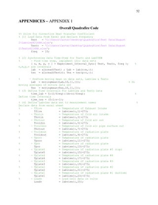 52
APPENDICES – APPENDIX 1
Overall Quadrafire Code
%% Solve for Convective Heat Transfer Coefficient
% (1) Load Data from Excel and declare frequency
Test = 'C:UsersCarterDesktopQuadrafireTest DataAugust
2Labview8216HH.xlsx';
Testo = 'C:UsersCarterDesktopQuadrafireTest DataAugust
2Testo8216HH.xlsx';
freq = 10;
% (2) Synchronize Data Time-Step for Testo and LabVIEW
% - Find time step, implement into data sets
[ n, m, p, v ] = Experiment_Interval_Sync( Test, Testo, freq ); %
n,m,p,v are intervals
lab = xlsread(Test) ; Lab = lab(n:m,:);
tes = xlsread(Testo); Tes = tes(p:v,:);
% - Preform moving mean on data sets, Labview & Testo
Lab = movingmean(Lab,10,[],[]); % Do
moving averages of entire data set
Tes = movingmean(Tes,10,[],[]);
% (3) Define Time Intervals For Labview and Testo Data
time_lab = 0:(1/freq):((m-n)/freq); %
Define time intervals
time_tes = (0:1:v-1);
% (4) Define Labview data set to measurement names %
Declare data from excel sheet
% - Tfire = Temperature of Exhaust Intake
Tfire = labview(:,1)+273;
% - Thotin = Temperature of Cold air intake
Thotin = labview(:,3)+273;
% - Thotout = Temperature of Cold air out
Tcoldin = labview(:,5)+273;
% - Tccoldin = Temperature of Cold air pipe surface out
Thotout = labview(:,7)+273;
% - Tcoldout = Temperature of radiation plate
Tcoldout = labview(:,9)+273;
% - Tpoco = Temperature of radiation plate
Tpoco = labview(:,11)+273;
% - Tpor = Temperature of radiation plate
Tpor = labview(:,13)+273;
% - Tplate5 = Temperature of radiation plate #5 (top)
Tplate5 = labview(:,15)+273;
% - Tplate4 = Temperature of radiation plate #4
Tplate4 = labview(:,17)+273;
% - Tplate3 = Temperature of radiation plate #3
Tplate3 = labview(:,19)+273;
% - Tplate2 = Temperature of radiation plate #2
Tplate2 = labview(:,21)+273;
% - Tplate1 = Temperature of radiation plate #1 (bottom)
Tplate1 = labview(:,23)+273;
% - Loadv = Load cell data in volts
Loadv = labview(:,25);
 