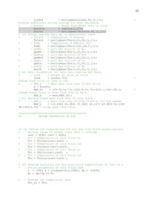 53
Loadvs = movingmean(Loadv,50,[],[]); %
Preform additional moving average for more smoothing
% - Boschv = Bosch Flow Meter Data in volts
Boschvs = labview(:,27);
Boschv = movingmean(Boschvs,50,[],[]);
% (5) Define Labview data set to measurement names
% - Tstack = Temperature of Exhaust
Tstack = movingmean(Tes(:,2),20,[],[]);
% - Tamb = Temperature of Ambient Air
Tamb = movingmean(Tes(:,12),20,[],[]);
% - ppmNo = part per million of No
ppmNo = movingmean(Tes(:,3),50,[],[]);
% - ppmNox = part per million of Nox
ppmNox = movingmean(Tes(:,4),20,[],[]);
% - ppmCo = part per million of Co
ppmCo = movingmean(Tes(:,7),50,[],[]);
% - perO2 = part per million of No
perO2 = movingmean(Tes(:,5),20,[],[]);
% (6) Data Calibration for Data Sets Labview and Testo
% - Load = weight of stove in volts
Load = Loadvs.*25; %
Change load volts to load in lbs
% - MAF_h = mean mass flow rate of hot fluid
x = Boschv;
MAF_ht = (29.93.*x.^3)-(122.9.*x.^2)+(231.1.*x)-138.1; %
change bosch volts to mass flow rate in kg/hr
MAF_h = mean(MAF_ht);
% (7) Declare fixed mass flow rate of cold fluid
% - MAF_c = mass flow rate of cold fluid at all six speeds
MAF_c = ([4.0343 26.3691 37.6045 46.1173 63.9859 91.1183
98.1463]).*2; % known mass flow rates
%%%%%%%%%%%%%%%%%%%%%%%%%%%%%%%%%%%%%%%%%%%%
%% DEFINE PROPERTIES OF AIR
%% (1) Define the temperatures for hot and cold fluid inlets/outlets
% - Declare range of steady state data to average
ran1 = 5000; ran2 = 8000;
% - Tci = Temperature of cold fluid in
Tci = Tcoldin(ran1:ran2) ;
% - Tco = Temperature of cold fluid out
Tco = Tcoldout(ran1:ran2);
% - Thi = Temperature of hott fluid in
Thi = Thotin(ran1:ran2) ;
% - Tho = Temperature of hott fluid out
Tho = Thotout(ran1:ran2) ;
% (2) Develop functions for hot/cold fluid temperatures as func of x
% - Define parameters of cold fluid tube
L = .508; x = linspace(0,L,1000); Dp = .03430;
Ac = (pi*Dp^2)/4;
% - Reshape all temperature data
Thi_ss = Thi;
 