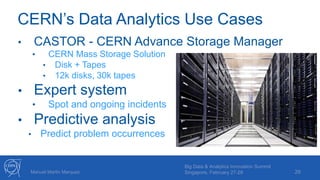 CERN’s Data Analytics Use Cases
26Manuel Martin Marquez
Big Data & Analytics Innovation Summit
Singapore, February 27-28
• CASTOR - CERN Advance Storage Manager
• CERN Mass Storage Solution
• Disk + Tapes
• 12k disks, 30k tapes
• Expert system
• Spot and ongoing incidents
• Predictive analysis
• Predict problem occurrences
 
