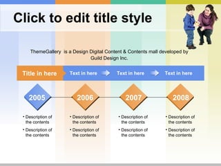 Click to edit title style Text in here Title in here Text in here Text in here 2005 2006 2007 2008 Description of the contents Description of the contents Description of the contents Description of the contents Description of the contents Description of the contents Description of the contents Description of the contents ThemeGallery   is a Design Digital Content & Contents mall developed by Guild Design Inc. 