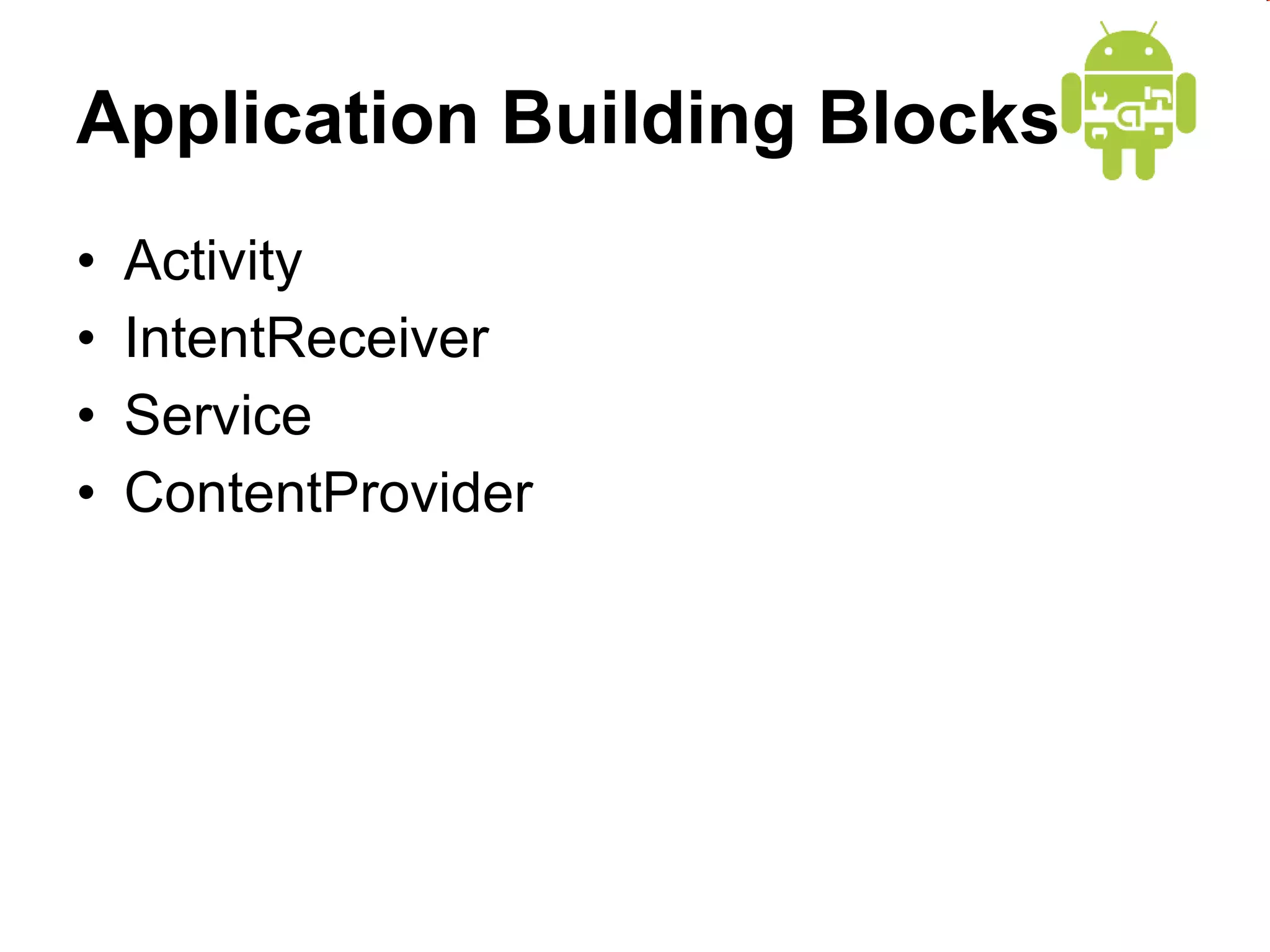 Application Building Blocks Activity IntentReceiver Service ContentProvider 