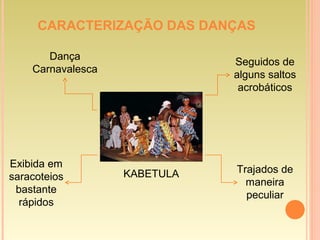 CARACTERIZAÇÃO DAS DANÇAS
KABETULA
Dança
Carnavalesca
Exibida em
saracoteios
bastante
rápidos
Seguidos de
alguns saltos
acrobáticos
Trajados de
maneira
peculiar
 