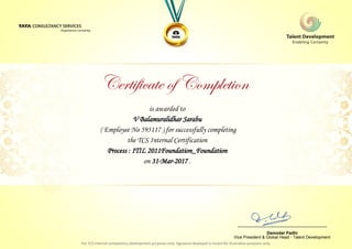is awarded to
V Balamuralidhar Sarabu
Process : ITIL 2011Foundation_Foundation
on 31-Mar-2017 .
( Employee No 595117 ) for successfully completing
the TCS Internal Certification
________________________________
Damodar Padhi
Vice President & Global Head - Talent Development
 