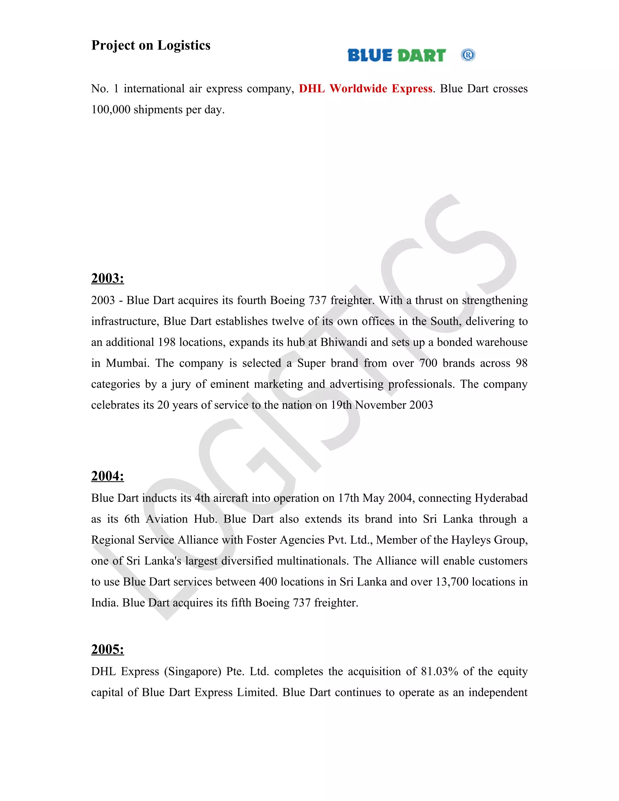 Project on Logistics


No. 1 international air express company, DHL Worldwide Express. Blue Dart crosses
100,000 shipments per day.




2003:
2003 - Blue Dart acquires its fourth Boeing 737 freighter. With a thrust on strengthening
infrastructure, Blue Dart establishes twelve of its own offices in the South, delivering to
an additional 198 locations, expands its hub at Bhiwandi and sets up a bonded warehouse
in Mumbai. The company is selected a Super brand from over 700 brands across 98
categories by a jury of eminent marketing and advertising professionals. The company
celebrates its 20 years of service to the nation on 19th November 2003




2004:
Blue Dart inducts its 4th aircraft into operation on 17th May 2004, connecting Hyderabad
as its 6th Aviation Hub. Blue Dart also extends its brand into Sri Lanka through a
Regional Service Alliance with Foster Agencies Pvt. Ltd., Member of the Hayleys Group,
one of Sri Lanka's largest diversified multinationals. The Alliance will enable customers
to use Blue Dart services between 400 locations in Sri Lanka and over 13,700 locations in
India. Blue Dart acquires its fifth Boeing 737 freighter.


2005:
DHL Express (Singapore) Pte. Ltd. completes the acquisition of 81.03% of the equity
capital of Blue Dart Express Limited. Blue Dart continues to operate as an independent
 