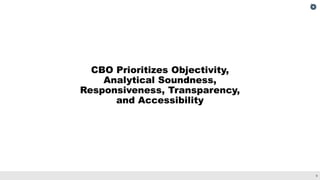 9
CBO Prioritizes Objectivity,
Analytical Soundness,
Responsiveness, Transparency,
and Accessibility
 