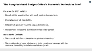 1
Forecast for 2023 to 2025:
▪ Growth will be sustained but with a soft patch in the near term.
▪ Unemployment will rise slightly.
▪ Inflation will gradually return to prepandemic levels.
▪ Interest rates will decline as inflation comes under control.
Risks to the Outlook:
▪ The outlook for inflation presents the greatest uncertainty.
▪ The upside risks of lower inflation and faster growth are balanced with the
downside risks of higher inflation and slower growth.
The Congressional Budget Office’s Economic Outlook in Brief
 