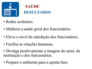 RESULTADOS
SAÚDE
• Reduz acidentes.
• Melhora a saúde geral dos funcionários.
• Eleva o nível de satisfação dos funcionários.
• Facilita as relações humanas.
• Divulga positivamente a imagem do setor, da
instituição e dos funcionários.
• Prepara o ambiente para a quinta fase.
 