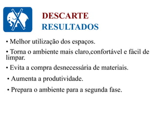 RESULTADOS
DESCARTE
• Melhor utilização dos espaços.
• Torna o ambiente mais claro,confortável e fácil de
limpar.
• Evita a compra desnecessária de materiais.
• Aumenta a produtividade.
• Prepara o ambiente para a segunda fase.
 