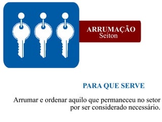 ARRUMAÇÃO
Seiton
Arrumar e ordenar aquilo que permaneceu no setor
por ser considerado necessário.
PARA QUE SERVE
 