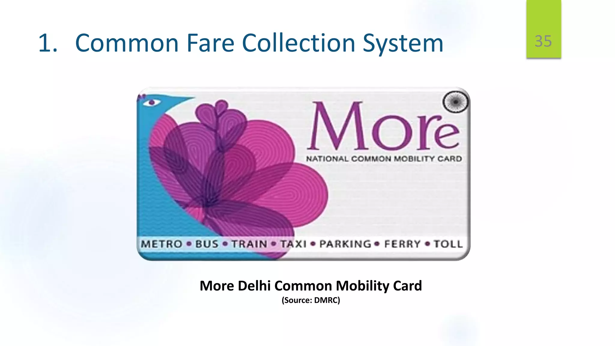 1. Common Fare Collection System 35
More Delhi Common Mobility Card
(Source: DMRC)
 