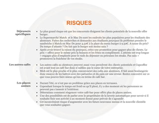 RISQUES
Déjeuners
spécifiques
 Le plus grand risque est que les concurents éloignent les clients potentiels de la nouvelle offre
burger.
 Le Supermarché Match et le Mac Do sont les endroits les plus populaires pour les étudiants des
alentours. Faites des recherches et demandez aux étudiants pourquoi ils préfèrent prendre le
sandwichs à Match ou Mac Do pour 4.50€ à la place du menu burger à 9.50€. A cause du prix?
Du temps d’attente ? Du fait que le burger soit moins sain ?
 Après avoir trouvé la raison du pourquoi, créez une promotion pour gagner plus de clients. Le
prix = offrez pour le même prix la boisson et les frites en complément. L’attente est trop longue
= engagez plus d’employés pour le rush du déjeuner ou précuisez les steaks. Pas sain =
promouvez la fraicheur de vos steaks.
Les autres cafés  Les autres cafés au alentours peuvent aussi vous prendrent des clients potentiels et Cupcoffee
est avant tout un café bar donc n’oubliez pas le coeur de votre entreprise.
 Mick est le plus proche et le plus concurenciel des cafés aux alentours. Il fait aussi boulangerie
donc essayez de les battres avec des patiseries et du pain est une erreur. Restez concentré sur ce
que vous pouvez faire mieux qu’eux en terme de café bar.
Les places
assises
 Durant l’été, ce n’est pas un problème grâce aux places en terrasses.
 Cependant lorsque le temps est froid ou qu’il pleut, il y a des moment où les personnes ne
peuvent pas s’asseoir à l’extérieur.
 Déterminez comment réagencer votre café-bar pour offrir plus de places assises.
 Une des possibilités est de parler avec le propriétaire de la laverie automatique pour savoir si il
souhaite finir son activité à un moment donné pour prévoir de s’agrandir.
 Cet inconvénient risque d’augmenter avec les futurs nouveaux menus et la nouvelle clientèle
que vous souhaitez gagner.
 