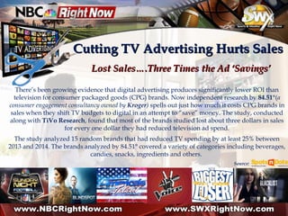 Cutting TV Advertising Hurts SalesCutting TV Advertising Hurts Sales
Lost Sales….Three Times the Ad ‘Savings’Lost Sales….Three Times the Ad ‘Savings’
There’s been growing evidence that digital advertising produces significantly lower ROI than
television for consumer packaged goods (CPG) brands. Now independent research by 84.51°(a
consumer engagement consultancy owned by Kroger) spells out just how much it costs CPG brands in
sales when they shift TV budgets to digital in an attempt to “save” money. The study, conducted
along with TiVo Research, found that most of the brands studied lost about three dollars in sales
for every one dollar they had reduced television ad spend.
The study analyzed 15 random brands that had reduced TV spending by at least 25% between
2013 and 2014. The brands analyzed by 84.51° covered a variety of categories including beverages,
candies, snacks, ingredients and others.
Source:
 