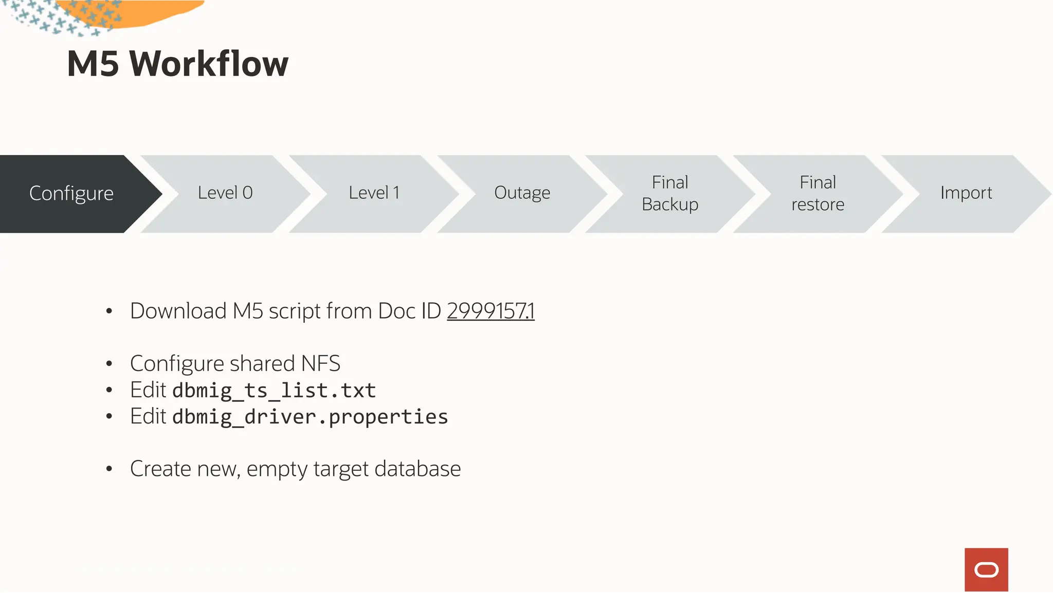 M5 Workflow
Configure Level 0 Level 1 Outage
Final
Backup
Final
restore
Import
• Download M5 script from Doc ID 2999157.1
• Configure shared NFS
• Edit dbmig_ts_list.txt
• Edit dbmig_driver.properties
• Create new, empty target database
Oracle CloudWorld Copyright © 2024, Oracle and/or its affiliates
33
 