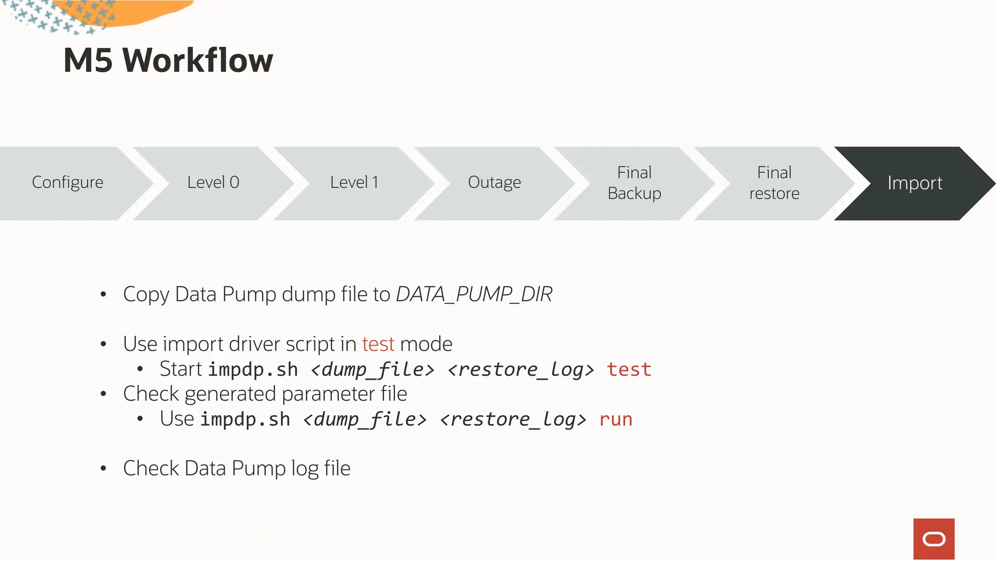 M5 Workflow
Configure Level 0 Level 1 Outage
Final
Backup
Final
restore
Import
• Copy Data Pump dump file to DATA_PUMP_DIR
• Use import driver script in test mode
• Start impdp.sh <dump_file> <restore_log> test
• Check generated parameter file
• Use impdp.sh <dump_file> <restore_log> run
• Check Data Pump log file
Oracle CloudWorld Copyright © 2024, Oracle and/or its affiliates
44
 