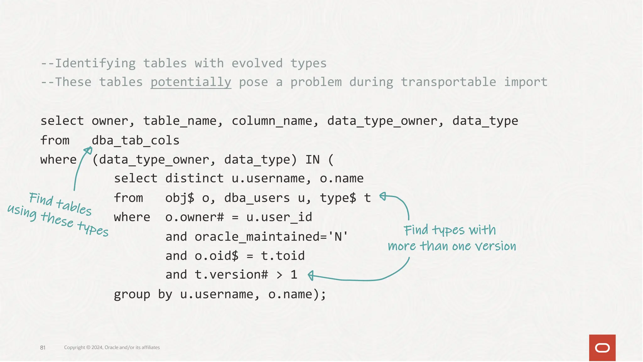 --Identifying tables with evolved types
--These tables potentially pose a problem during transportable import
select owner, table_name, column_name, data_type_owner, data_type
from dba_tab_cols
where (data_type_owner, data_type) IN (
select distinct u.username, o.name
from obj$ o, dba_users u, type$ t
where o.owner# = u.user_id
and oracle_maintained='N'
and o.oid$ = t.toid
and t.version# > 1
group by u.username, o.name);
Copyright © 2024, Oracle and/or its affiliates
81
Find types with
more than one version
Find tables
using these types
 