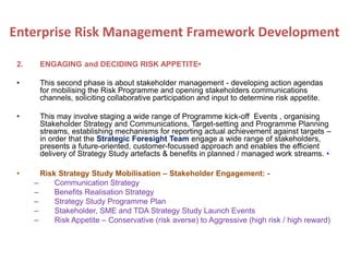 2. ENGAGING and DECIDING RISK APPETITE•
• This second phase is about stakeholder management - developing action agendas
for mobilising the Risk Programme and opening stakeholders communications
channels, soliciting collaborative participation and input to determine risk appetite.
• This may involve staging a wide range of Programme kick-off Events , organising
Stakeholder Strategy and Communications, Target-setting and Programme Planning
streams, establishing mechanisms for reporting actual achievement against targets –
in order that the Strategic Foresight Team engage a wide range of stakeholders,
presents a future-oriented, customer-focussed approach and enables the efficient
delivery of Strategy Study artefacts & benefits in planned / managed work streams. •
• Risk Strategy Study Mobilisation – Stakeholder Engagement: -
– Communication Strategy
– Benefits Realisation Strategy
– Strategy Study Programme Plan
– Stakeholder, SME and TDA Strategy Study Launch Events
– Risk Appetite – Conservative (risk averse) to Aggressive (high risk / high reward)
Enterprise Risk Management Framework Development
 